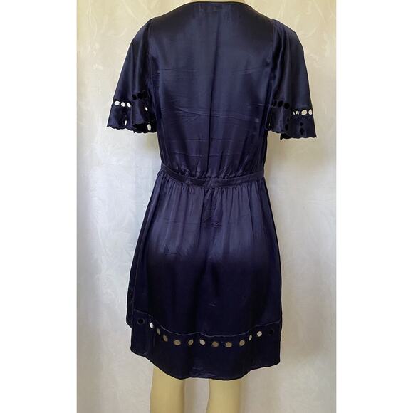 See By Chloe Silk Dress Satin Blue Navy V Neck Short Flutter Sleeve Eyel… - Picture 3 of 9